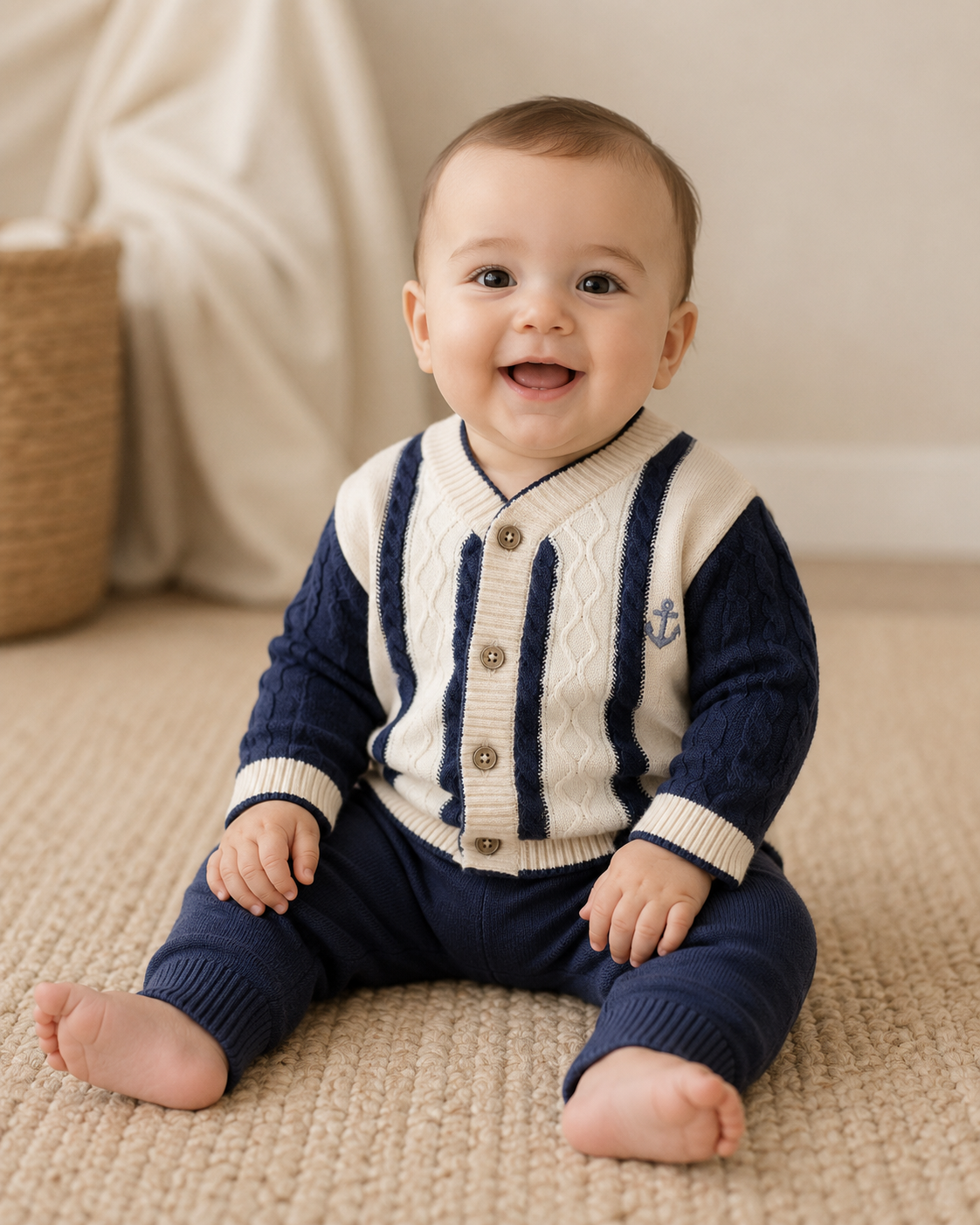 Anchor Stripe Knit Baby Cardigan (Organic Cotton): Oatmeal / 12-18M