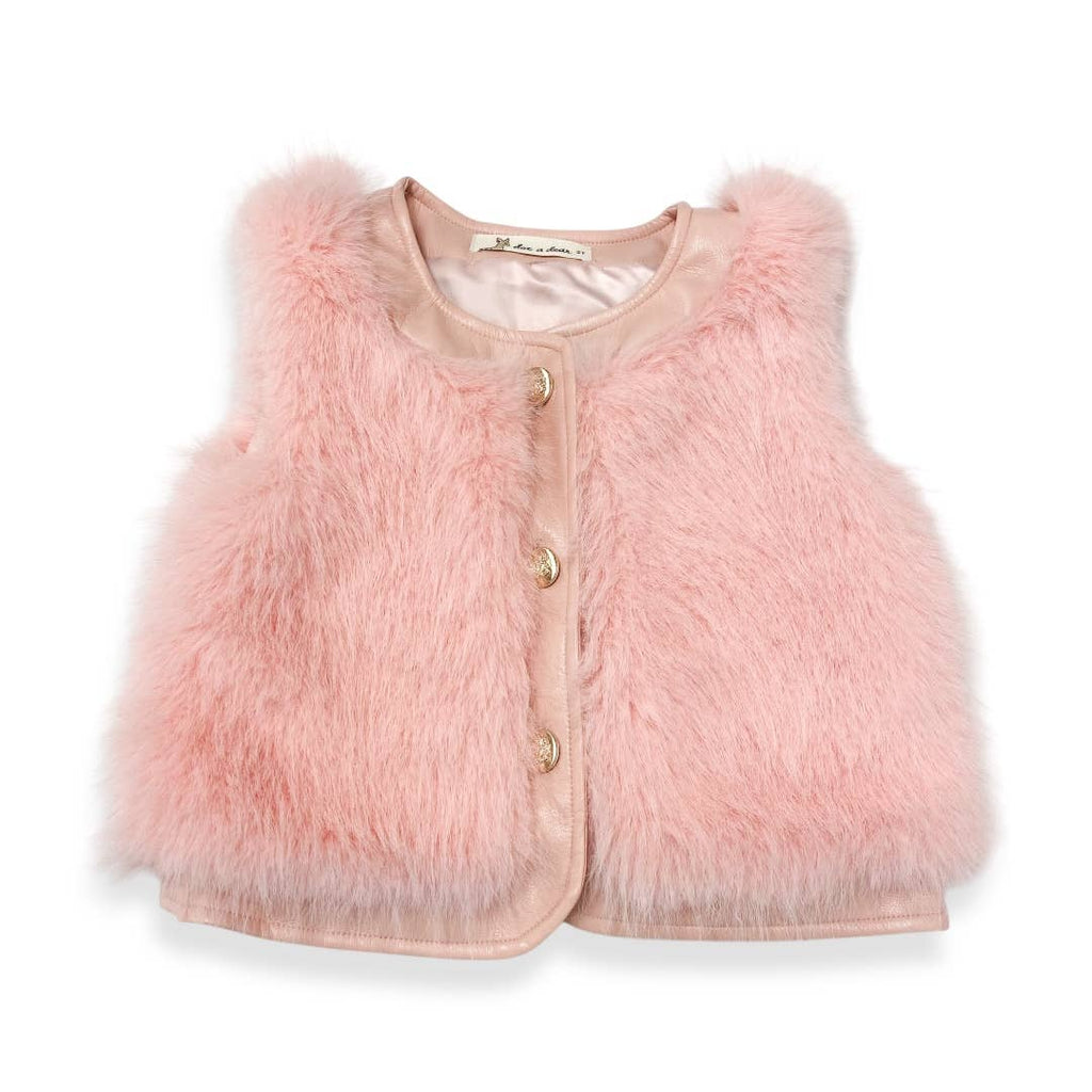 Leather Trimmed Faux Fur Vest : BLACK 2T