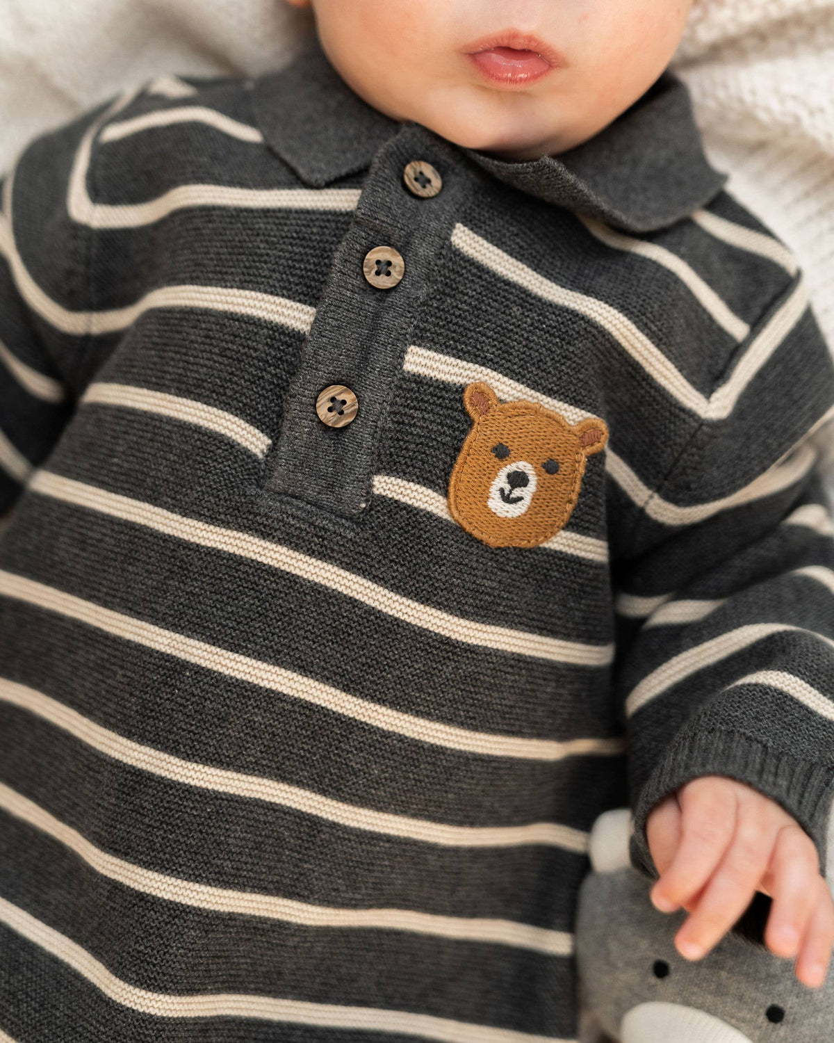 Bear Face Stripe & Collar Knit Baby Jumpsuit (Organic) : Charcoal / 12-18M