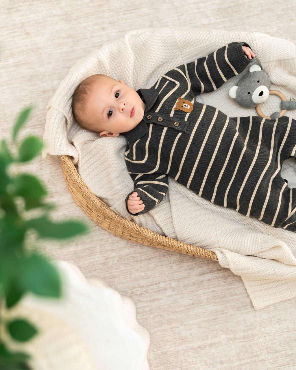 Bear Face Stripe & Collar Knit Baby Jumpsuit (Organic) : Charcoal / 3-6M