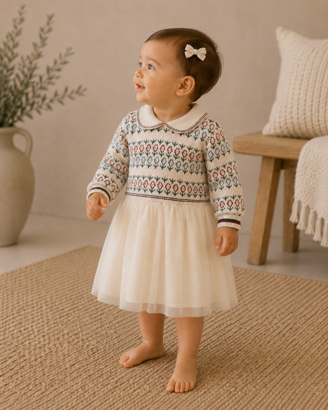 Dahlia Floral Jacquard Knit Baby Tutu Dress (Organic Cotton): Ecru / 18-24M