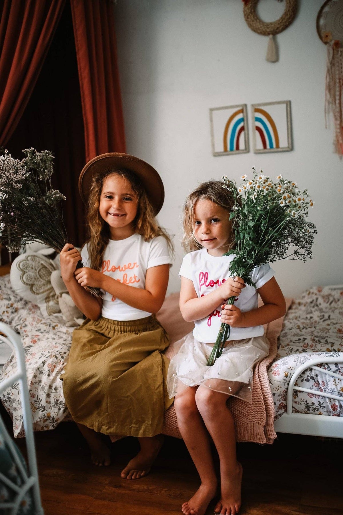 FLOWER MARKET GIRL | Kids Tee: Peach / 18-24M / WHITE