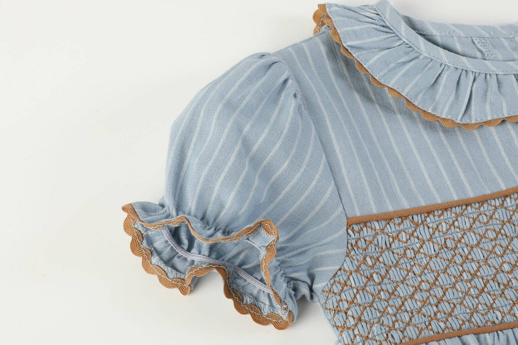 Blue Pinstripe Brown Smocked Ruffle Collar Dress: 2T