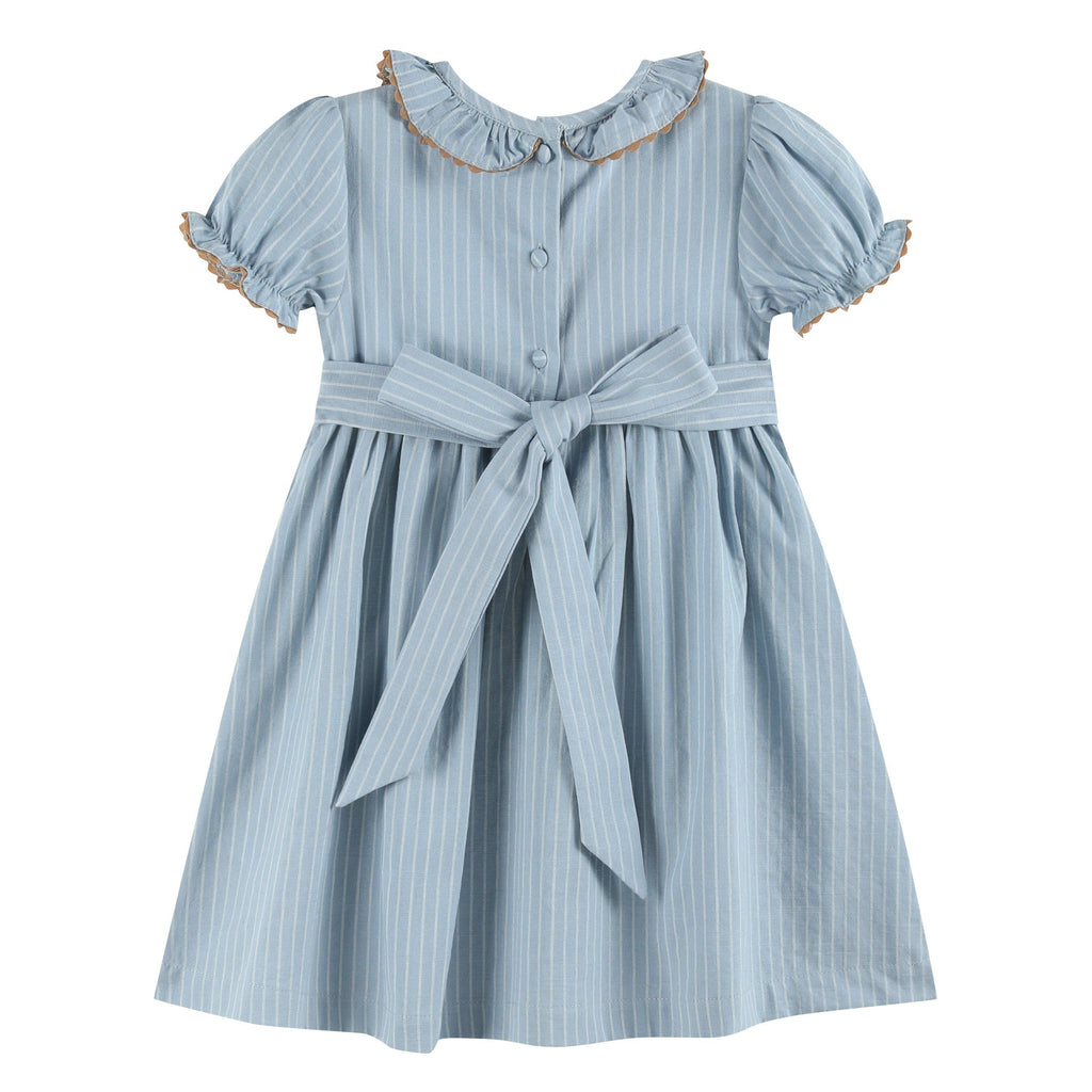 Blue Pinstripe Brown Smocked Ruffle Collar Dress: 2T