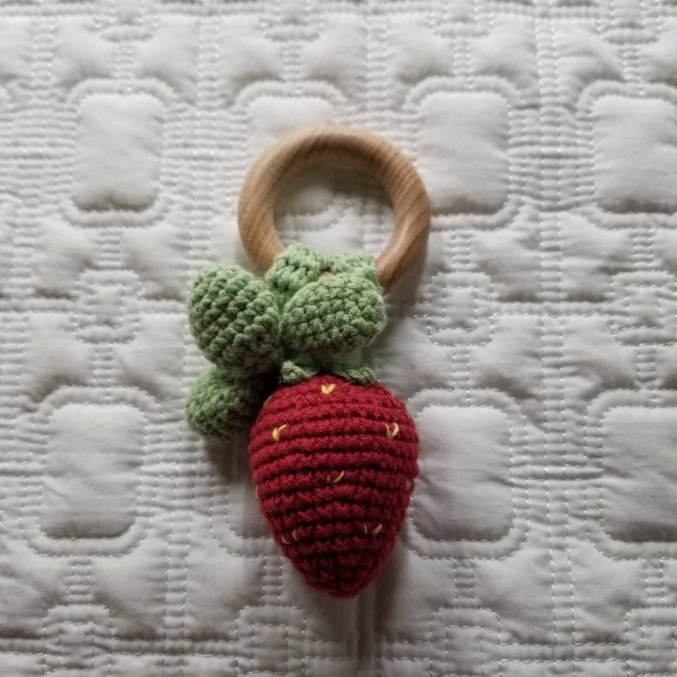 Strawberry Hand Crochet Orange Cotton Rattle - Fruit: Red