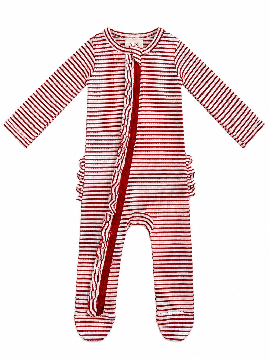 Red Stripe / Ribbed Frill 2-Way Zip Footie: 0 - 3 mo.