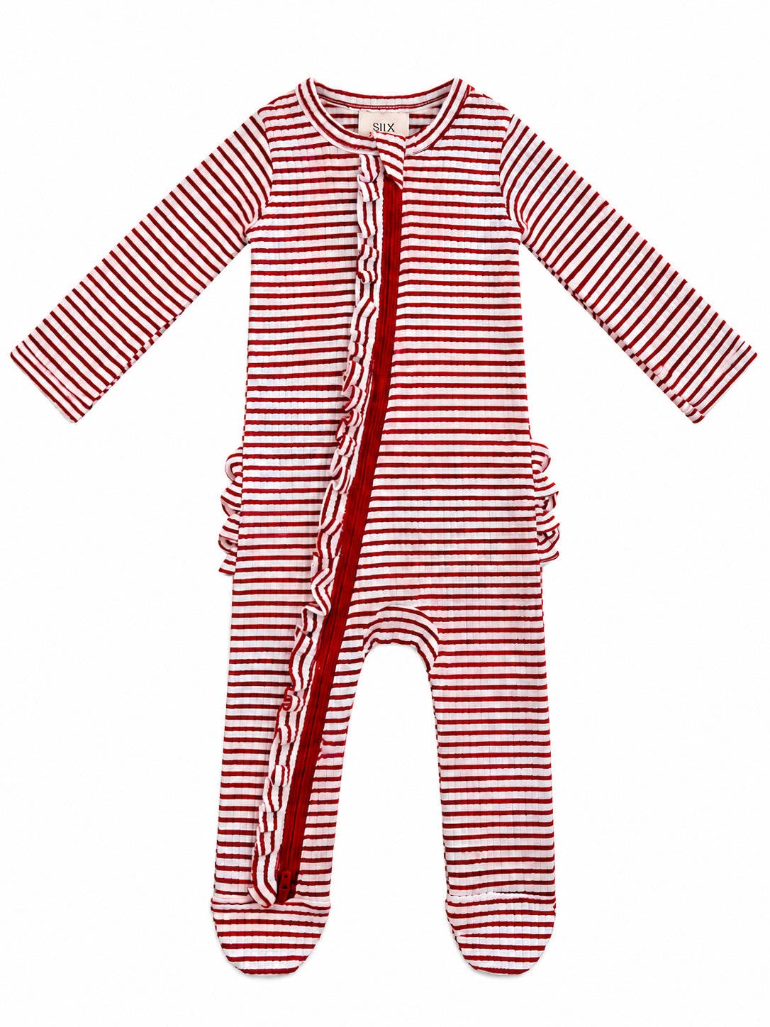 Red Stripe / Ribbed Frill 2-Way Zip Footie: 0 - 3 mo.