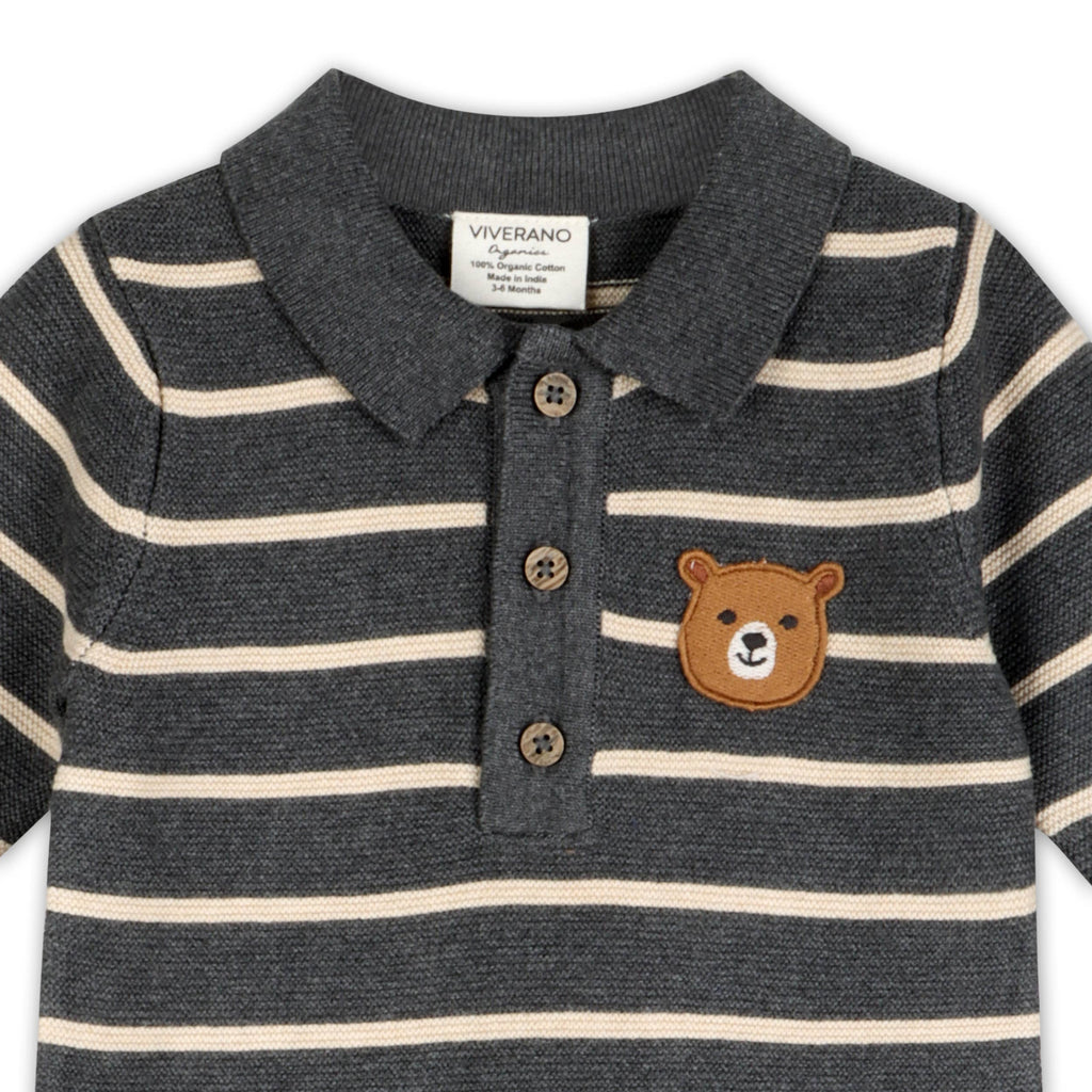 Bear Face Stripe & Collar Knit Baby Jumpsuit (Organic) : Charcoal / 3-6M