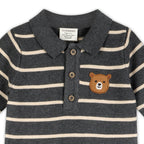 Bear Face Stripe & Collar Knit Baby Jumpsuit (Organic) : Charcoal / 3-6M