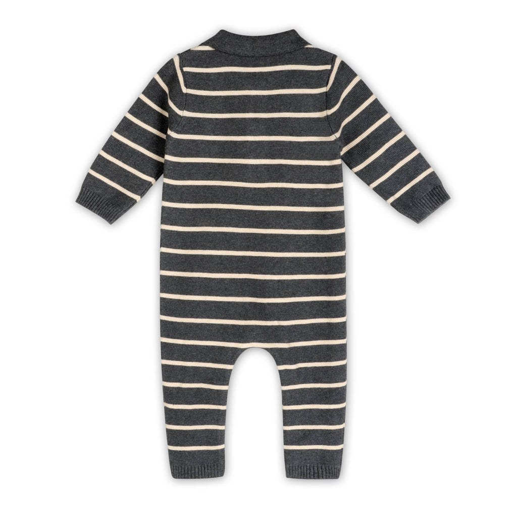Bear Face Stripe & Collar Knit Baby Jumpsuit (Organic) : Charcoal / 6-12M