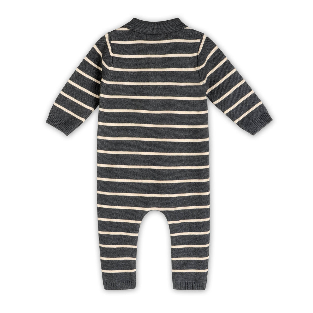 Bear Face Stripe & Collar Knit Baby Jumpsuit (Organic) : Charcoal / 12-18M