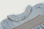 Blue Pinstripe Brown Smocked Ruffle Collar Dress: 12-18M