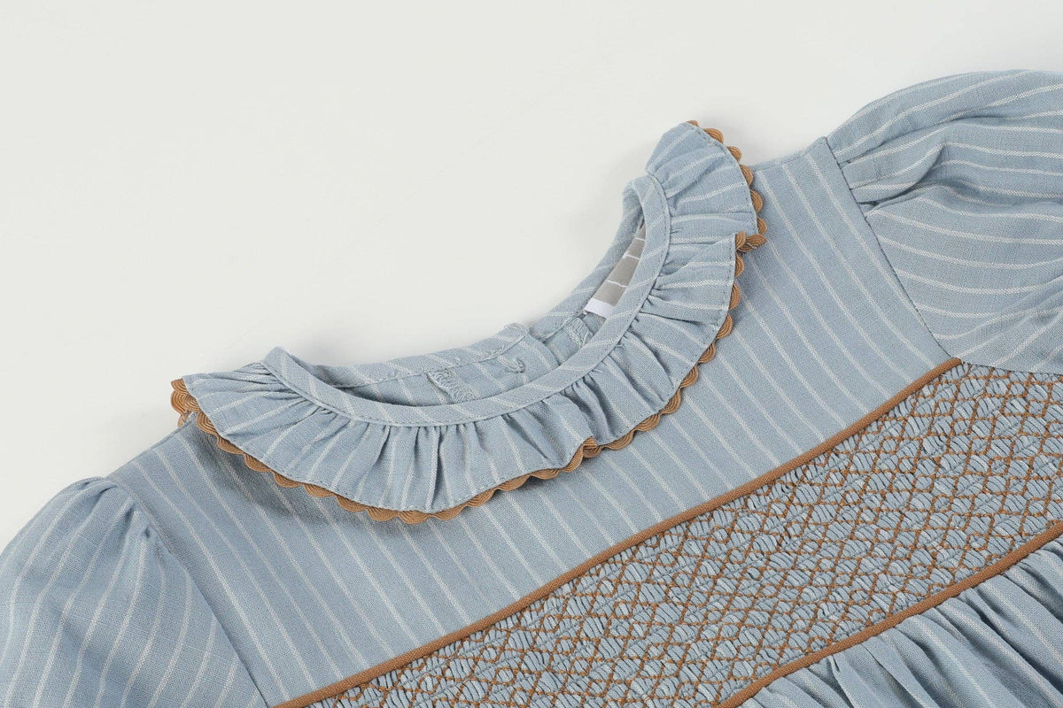 Blue Pinstripe Brown Smocked Ruffle Collar Dress: 2T