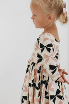 3/4 Sleeve Twirl Dress in Vintage Pink and Black Bows: Black and Pink Bows / 2
