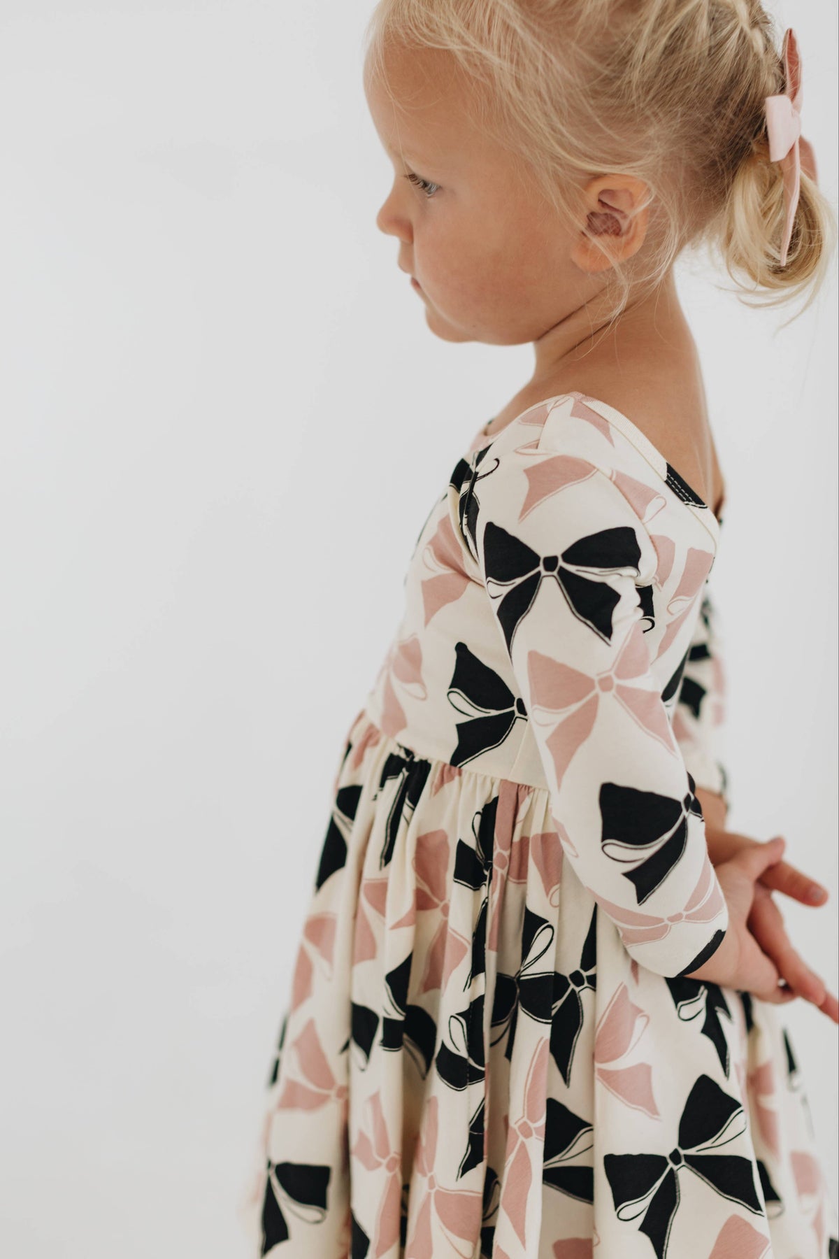 3/4 Sleeve Twirl Dress in Vintage Pink and Black Bows: Black and Pink Bows / 4