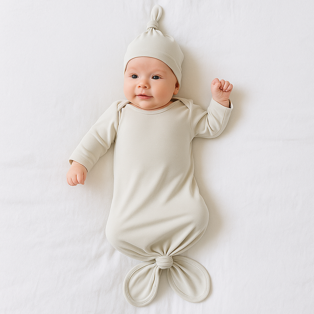 Ali+Oli Bamboo Layette Knotted Gown and Beanie for Newborns: Taupe