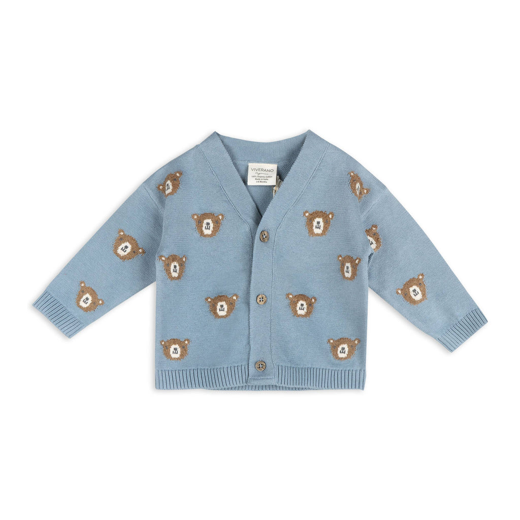 Bear Jacquard Knit Baby Cardigan (Organic Cotton): Mineral Blue / 18-24M
