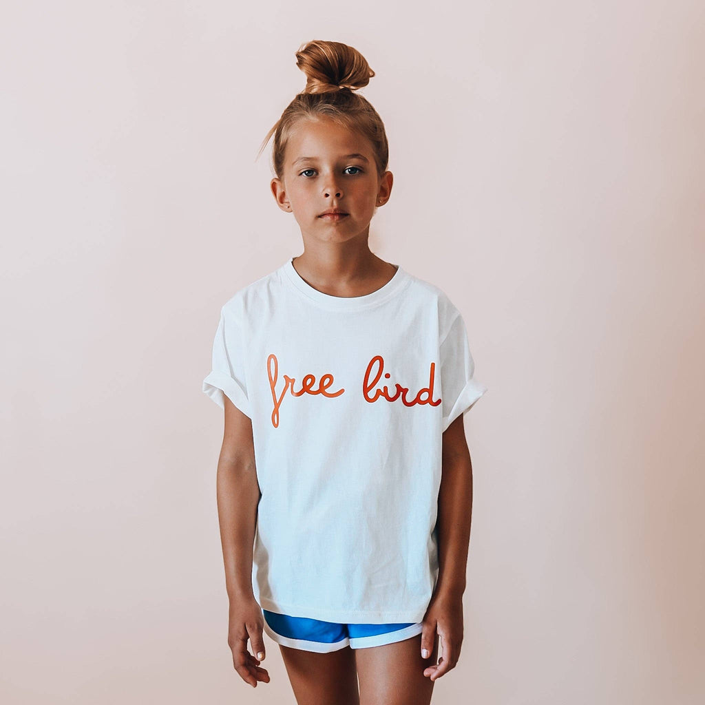 FREE BIRD in burnt orange | Kids Tee: 18-24M / WHITE