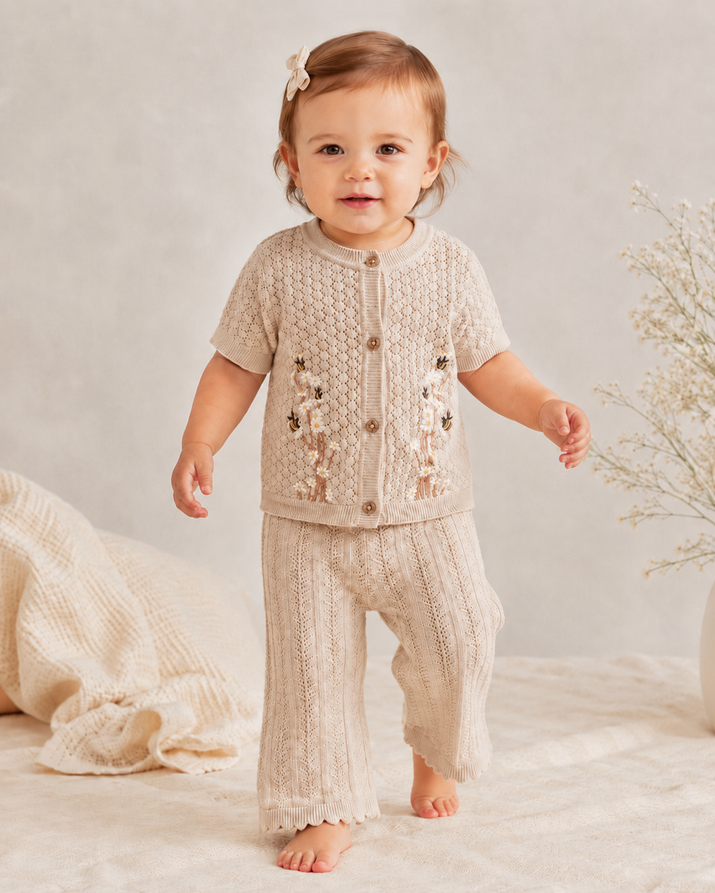 Daisy Bee Baby Knit Top & Pants Set (Organic Cotton): Cottonwood / 6-12M
