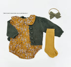 Mustard Floral Romper Set: D. 3pc Brown / 12-18 months