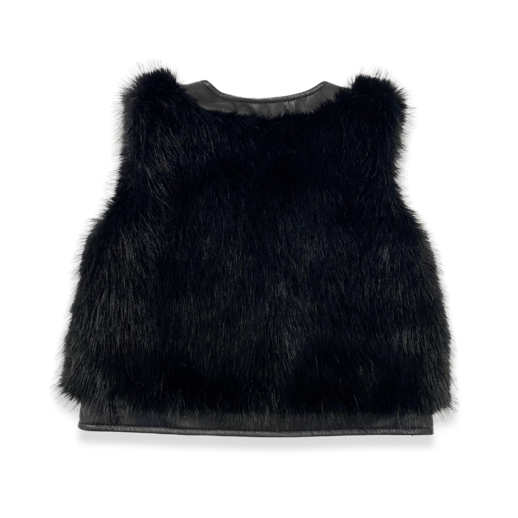 Leather Trimmed Faux Fur Vest : BLACK 2T