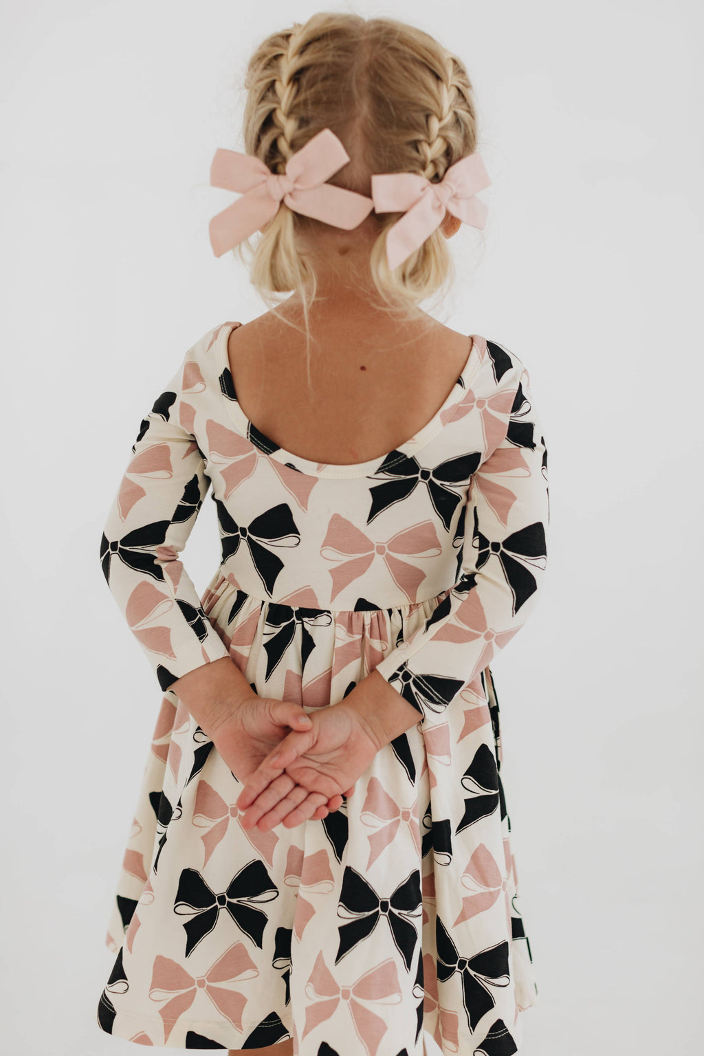 3/4 Sleeve Twirl Dress in Vintage Pink and Black Bows: Black and Pink Bows / 2