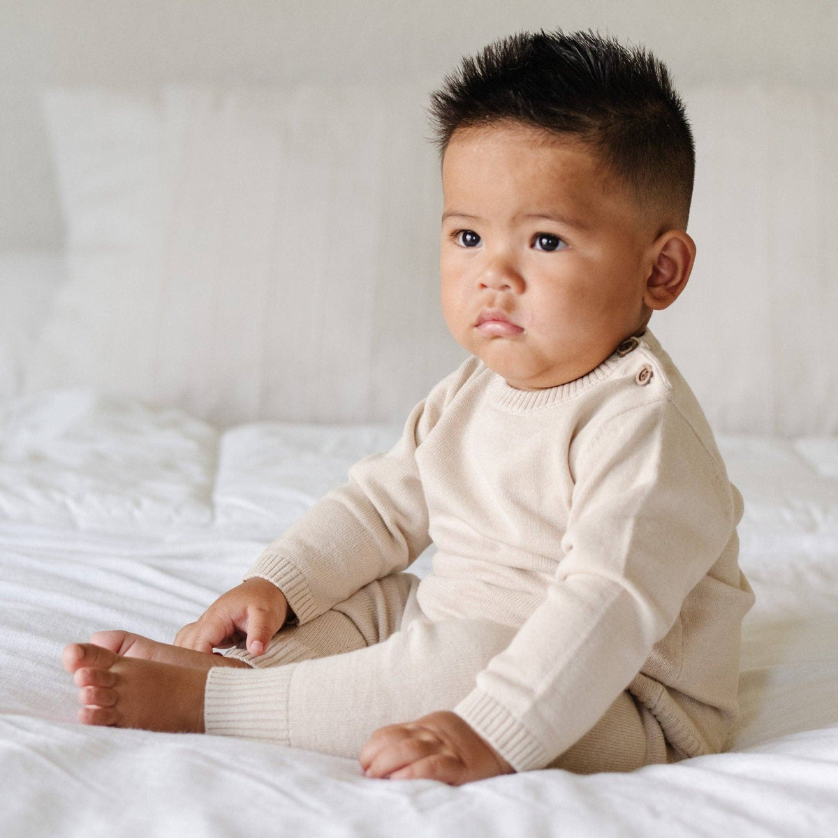 HEIRLOOM COTTON KNIT SETS: Tan / 3-6 Months