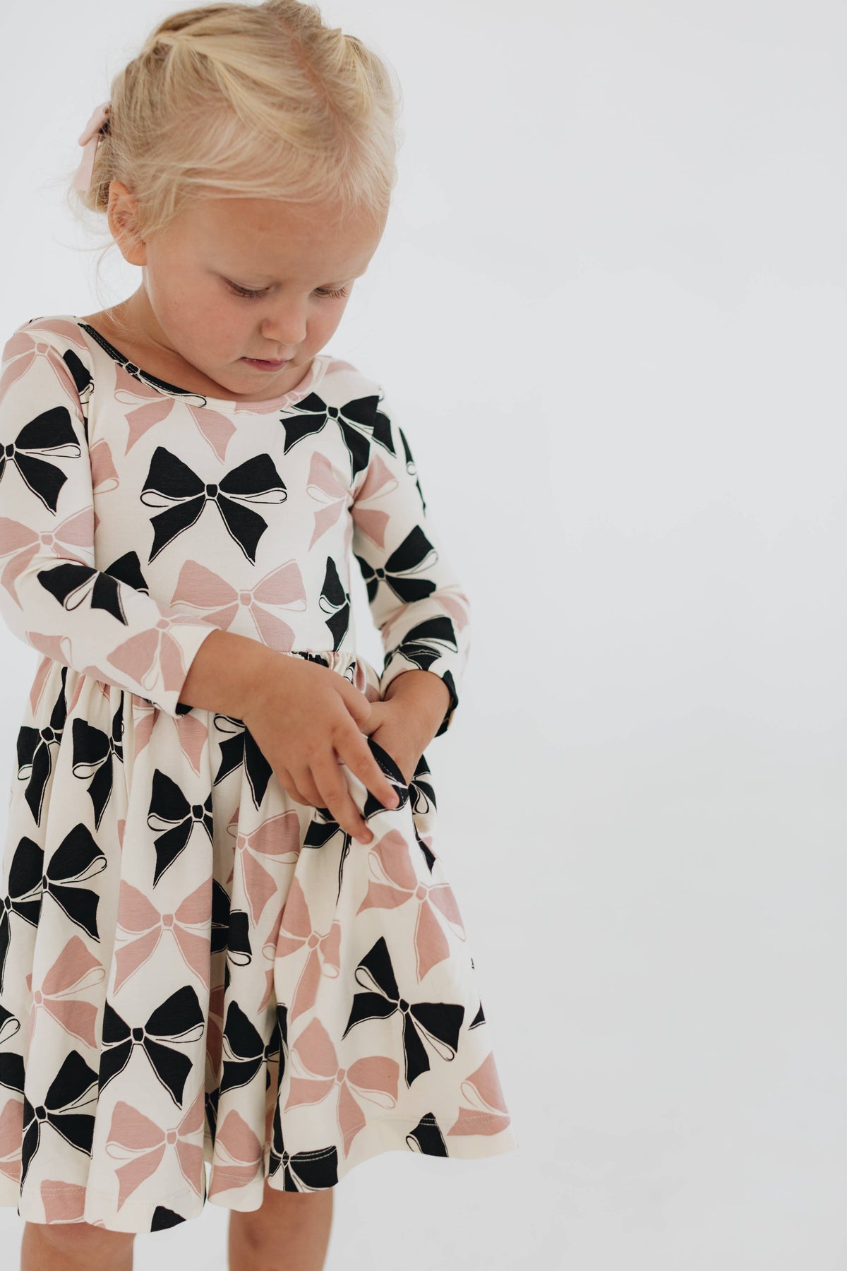 3/4 Sleeve Twirl Dress in Vintage Pink and Black Bows: Black and Pink Bows / 2