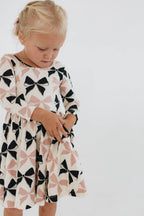 3/4 Sleeve Twirl Dress in Vintage Pink and Black Bows: Black and Pink Bows / 4