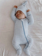 Dusty Blue Stripe / Ribbed 2-Way Zip Footie: 3-6M