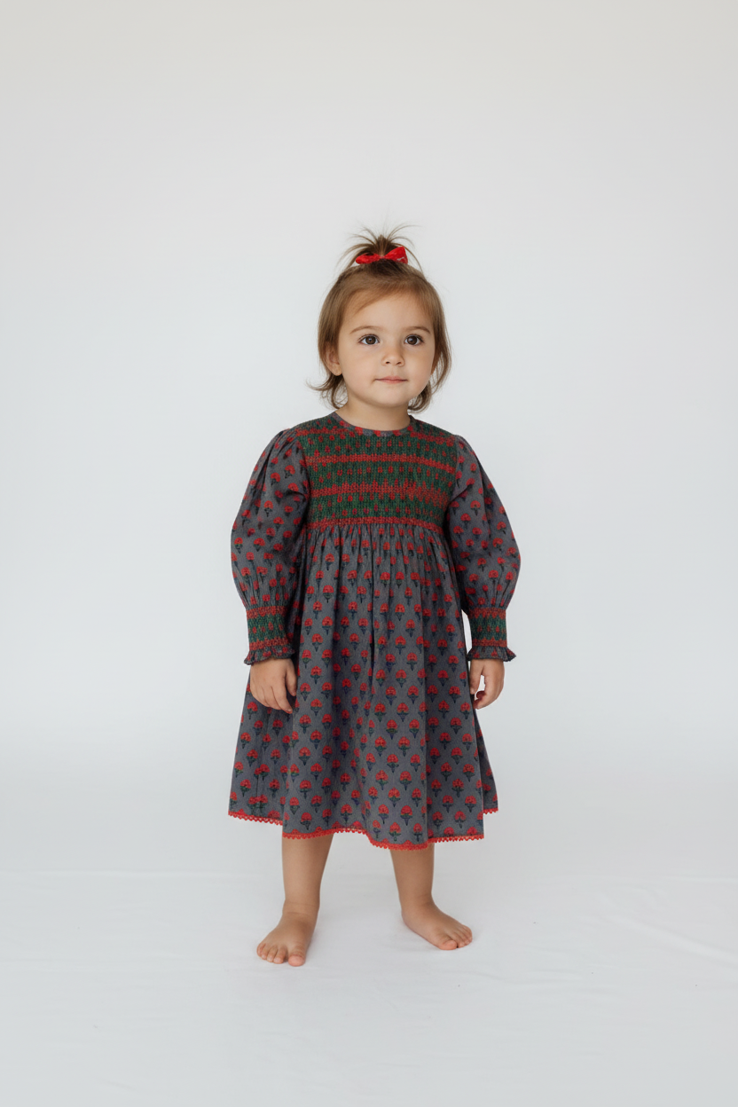 Poppy Smocked Cotton Printed Dress with Pockets — Cotton Girls Dress | Infant to Tween 0-13 Years: 9-12 months