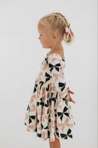 3/4 Sleeve Twirl Dress in Vintage Pink and Black Bows: Black and Pink Bows / 2