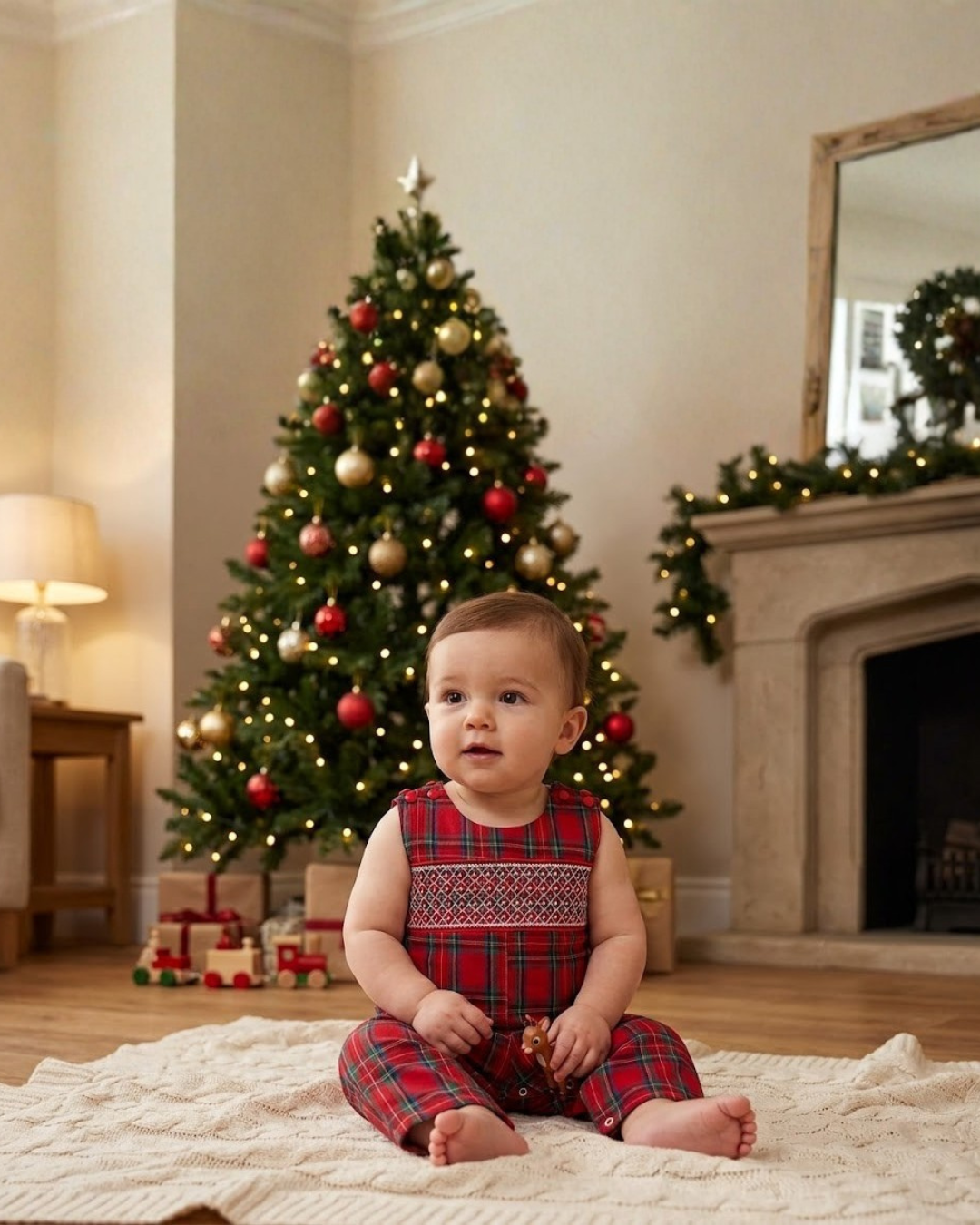 Red and Green Christmas Plaid Smocked Overalls: 18-24M