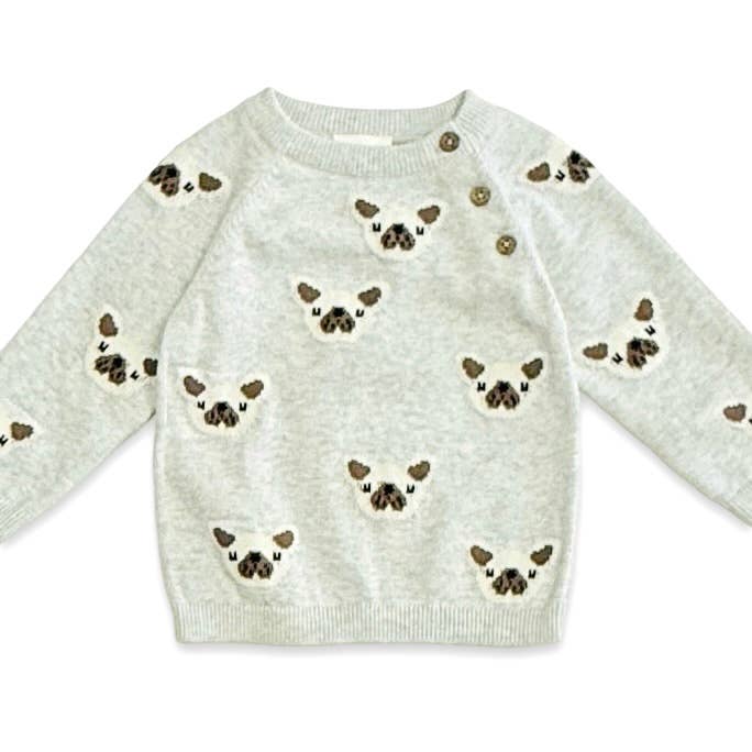 Frenchie Puppy Jacquard Knit Baby Pullover + Pants  Organic: Pearl Grey Heather / 18-24M