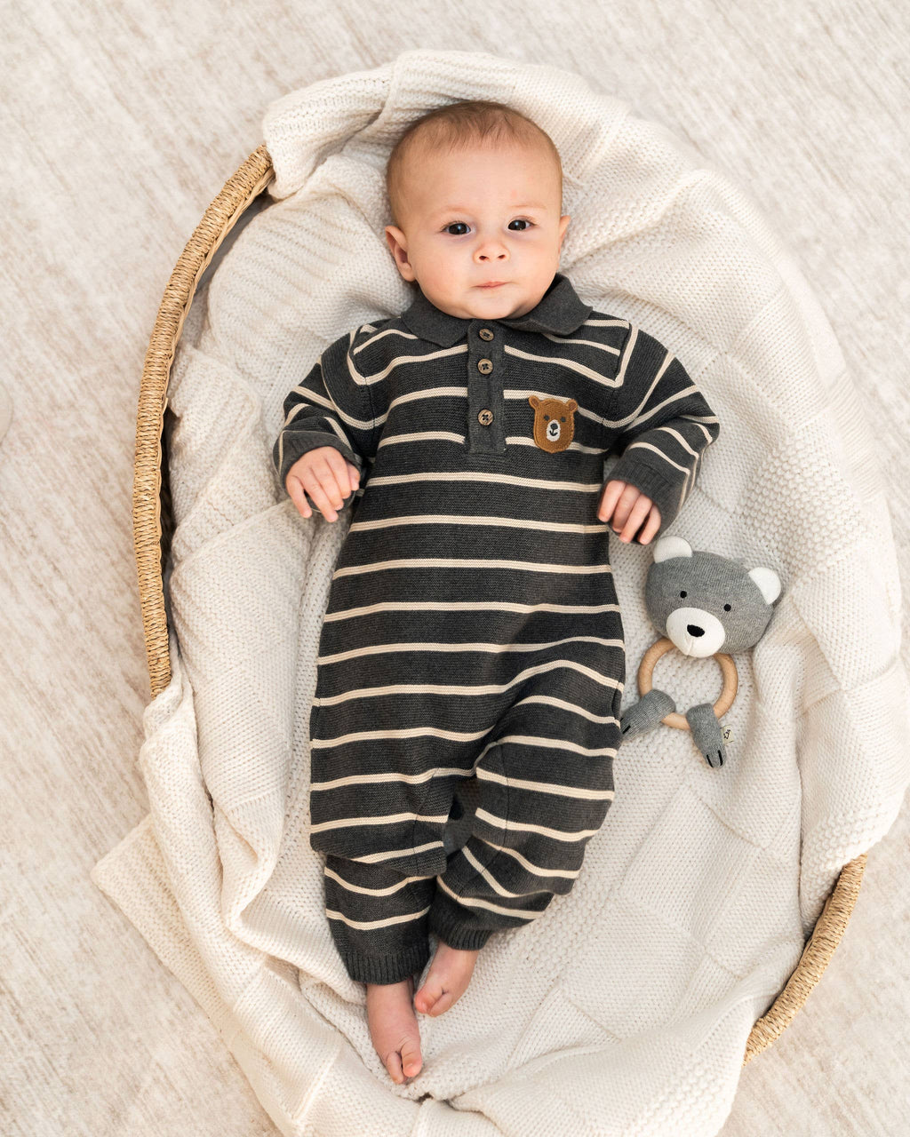 Bear Face Stripe & Collar Knit Baby Jumpsuit (Organic) : Charcoal / 6-12M