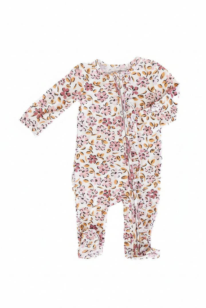 Mauvelous Meadow Ruffle Zipper Footie: 3-6 months