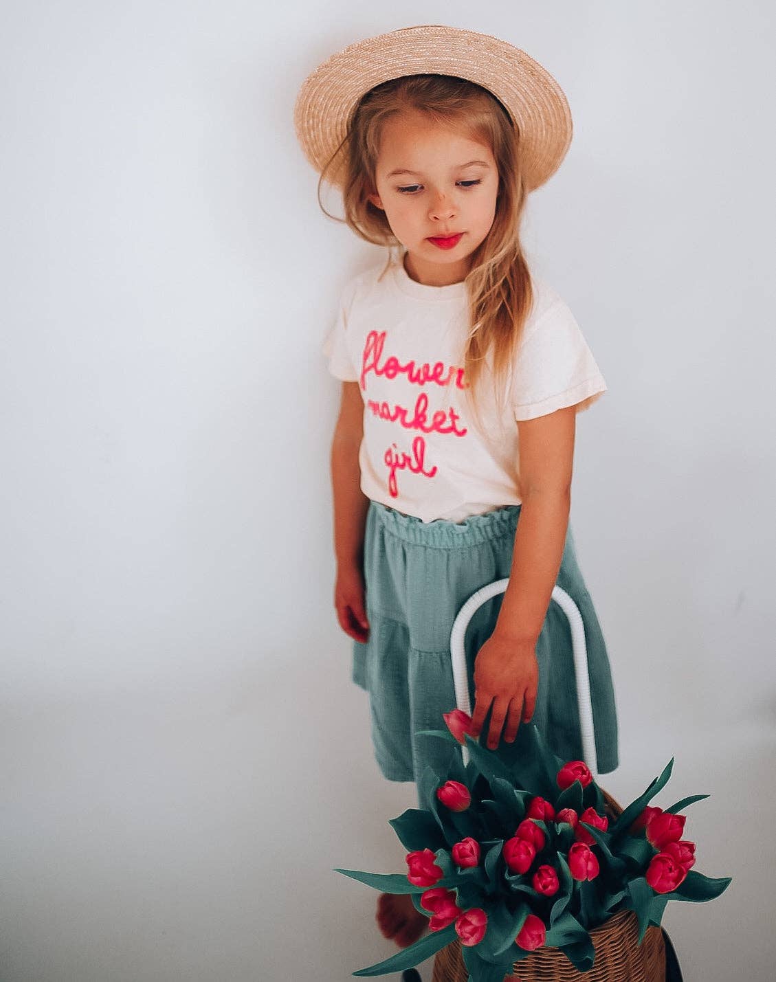 FLOWER MARKET GIRL | Kids Tee: Peach / 18-24M / WHITE