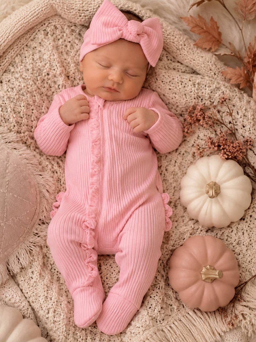 Pink / Ribbed Frill 2-Way Zip Footie: 6 - 9 mo.