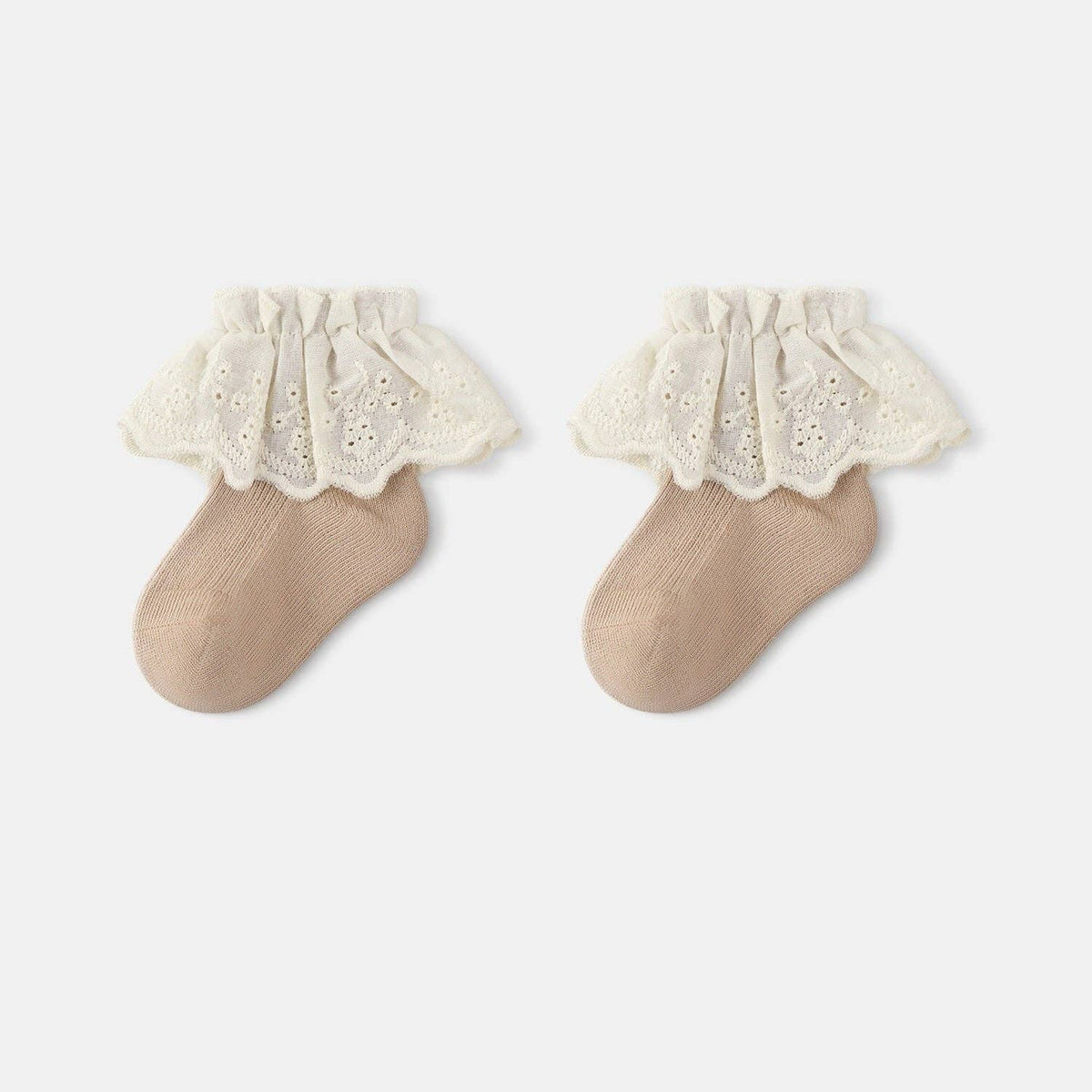 MyKids-USA® Baby Kids Girls Breathable Lace Trim Vintage Socks: Khaki / M (1-3Y)