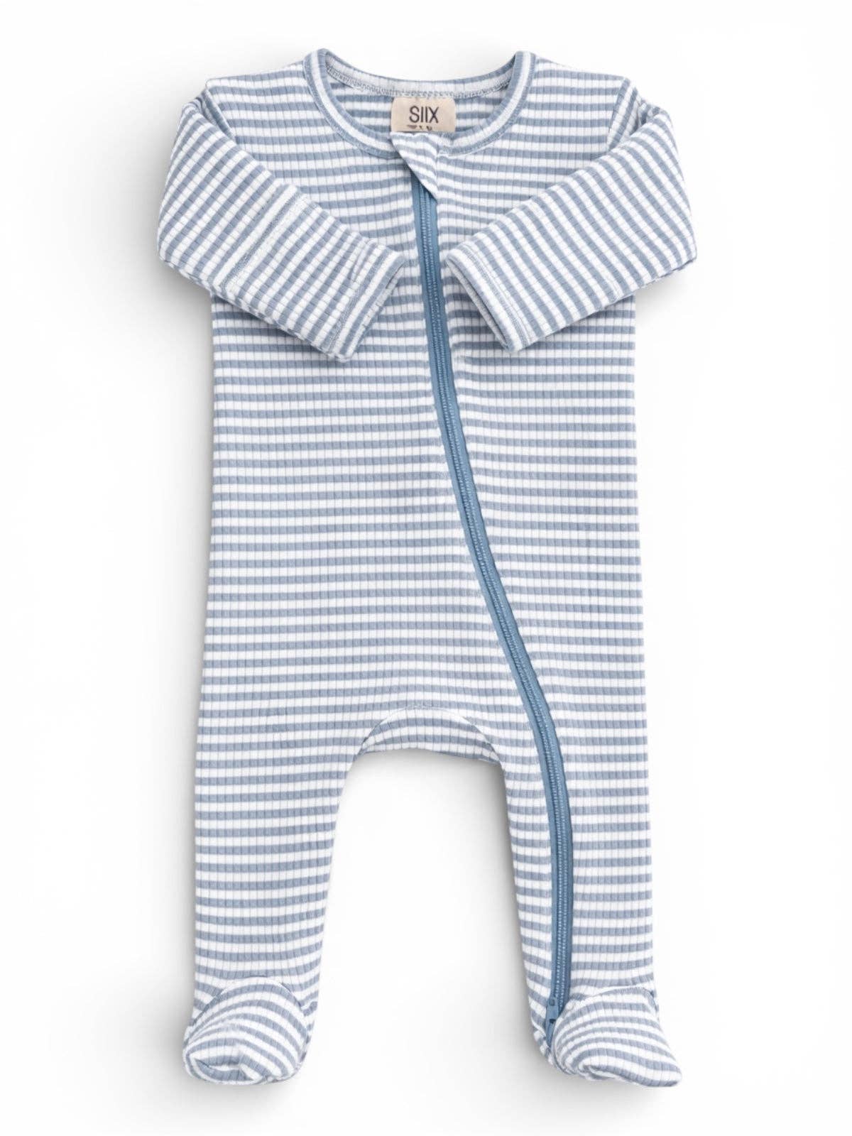Dusty Blue Stripe / Ribbed 2-Way Zip Footie: 0-3M