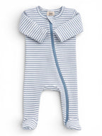 Dusty Blue Stripe / Ribbed 2-Way Zip Footie: 6-9M