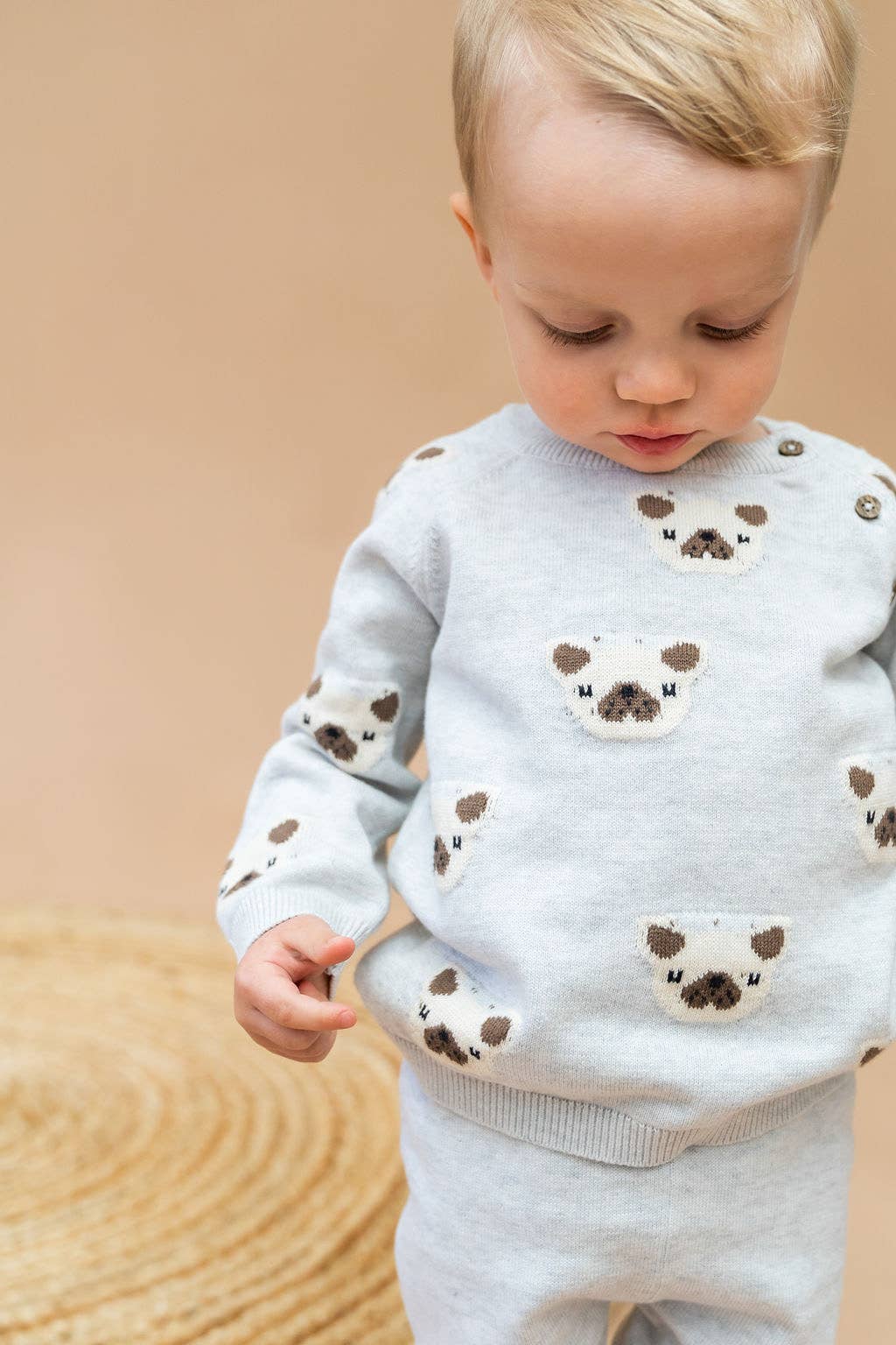 Frenchie Puppy Jacquard Knit Baby Pullover + Pants  Organic: Pearl Grey Heather / 18-24M