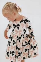 3/4 Sleeve Twirl Dress in Vintage Pink and Black Bows: Black and Pink Bows / 2