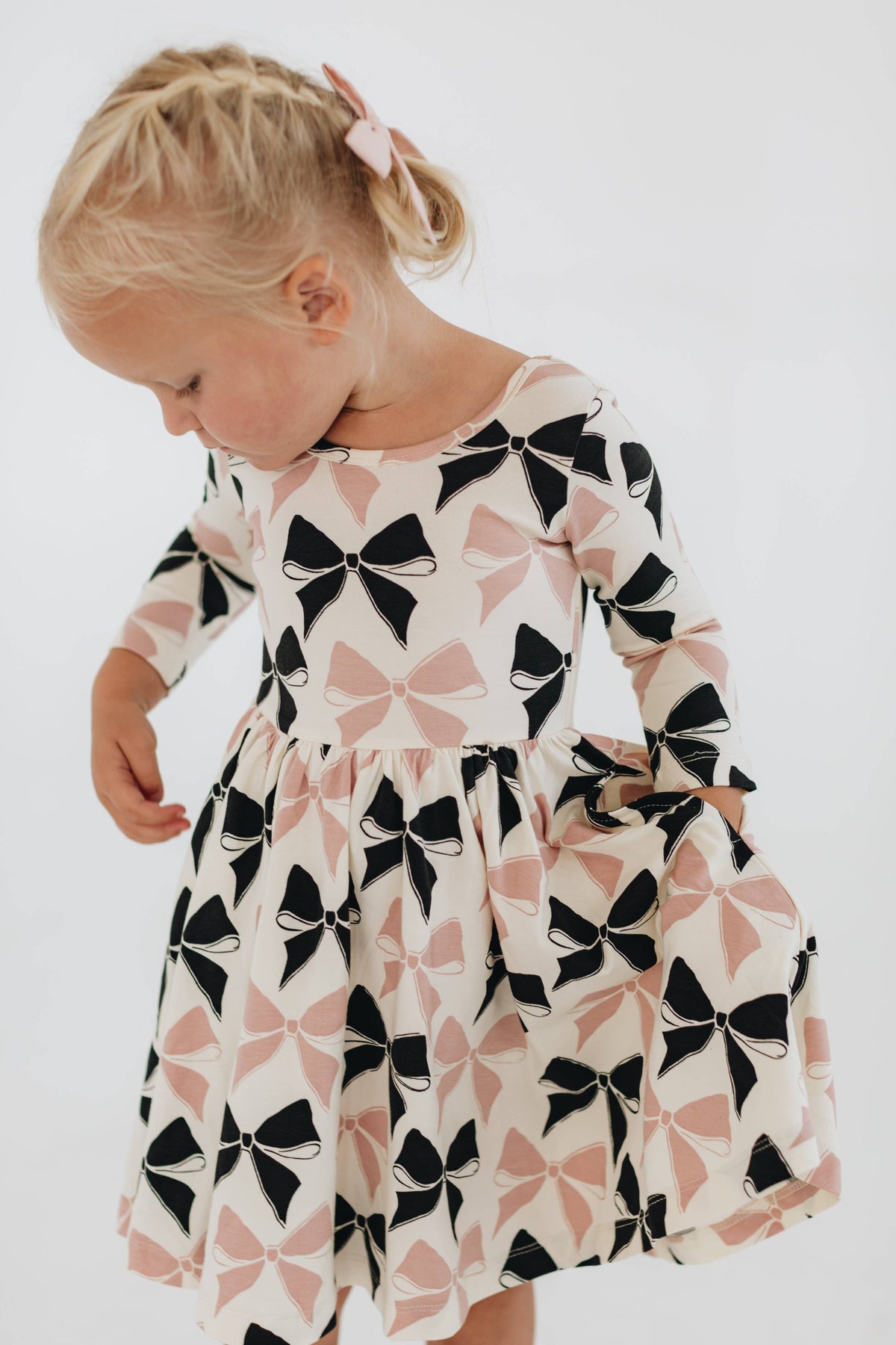 3/4 Sleeve Twirl Dress in Vintage Pink and Black Bows: Black and Pink Bows / 2