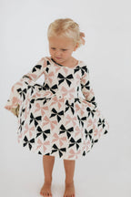 3/4 Sleeve Twirl Dress in Vintage Pink and Black Bows: Black and Pink Bows / 2