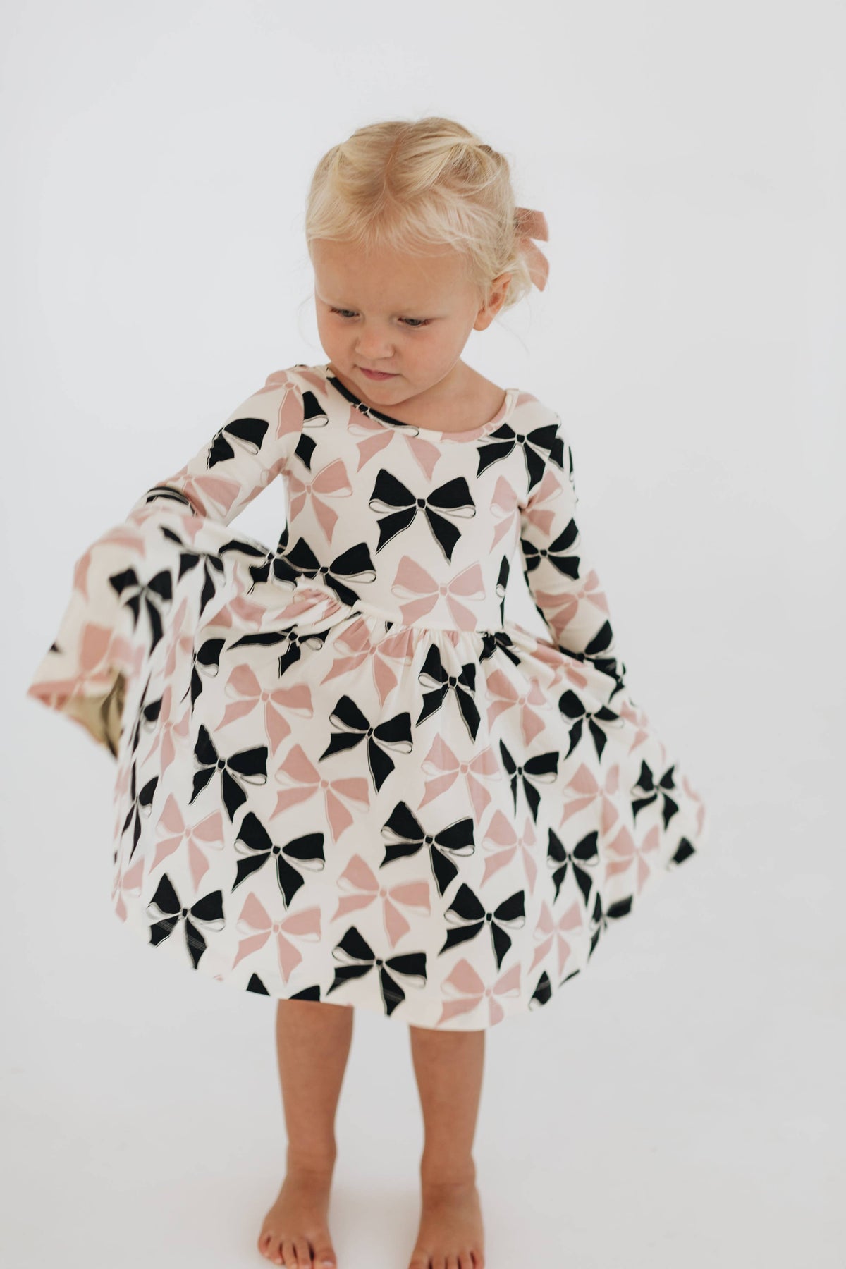 3/4 Sleeve Twirl Dress in Vintage Pink and Black Bows: Black and Pink Bows / 4