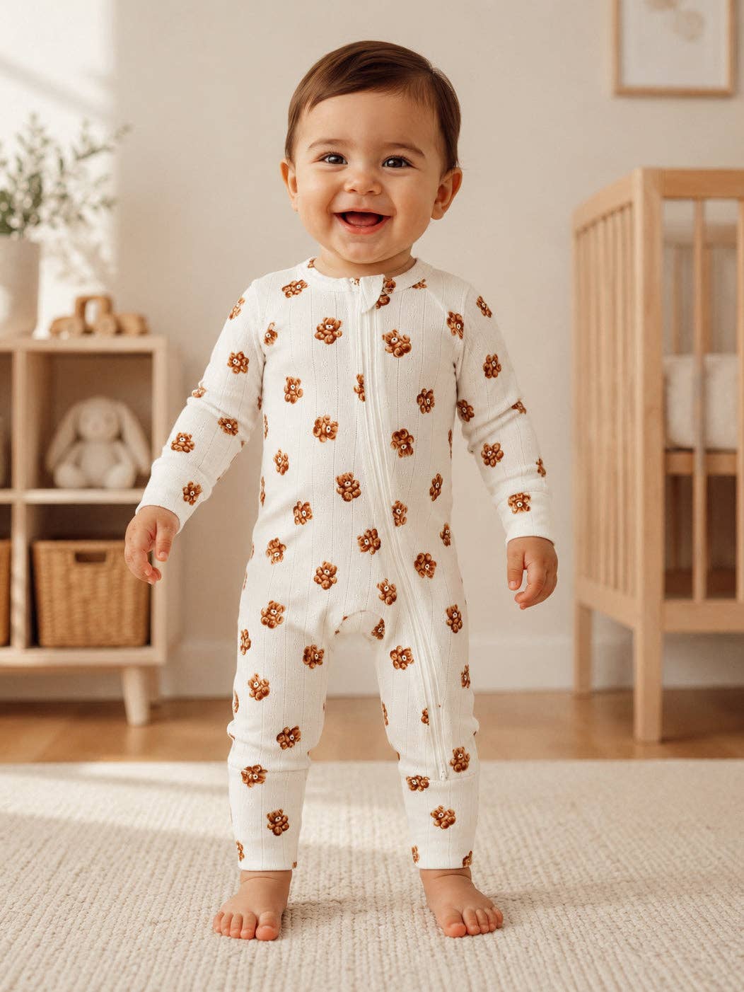 Teddy Bear / Organic Pointelle 2-Way Zip Romper: 6 - 12 mo.