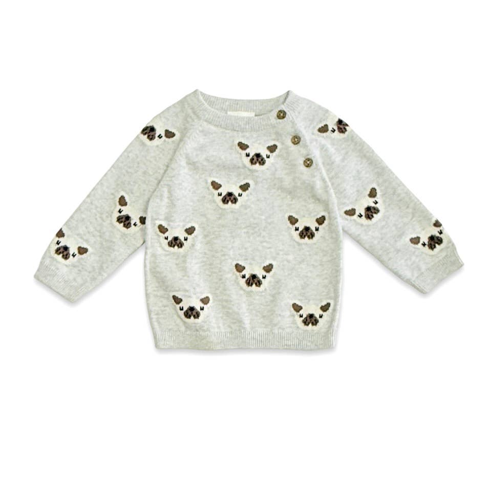 Frenchie Puppy Jacquard Knit Baby Pullover + Pants  Organic: Pearl Grey Heather / 18-24M