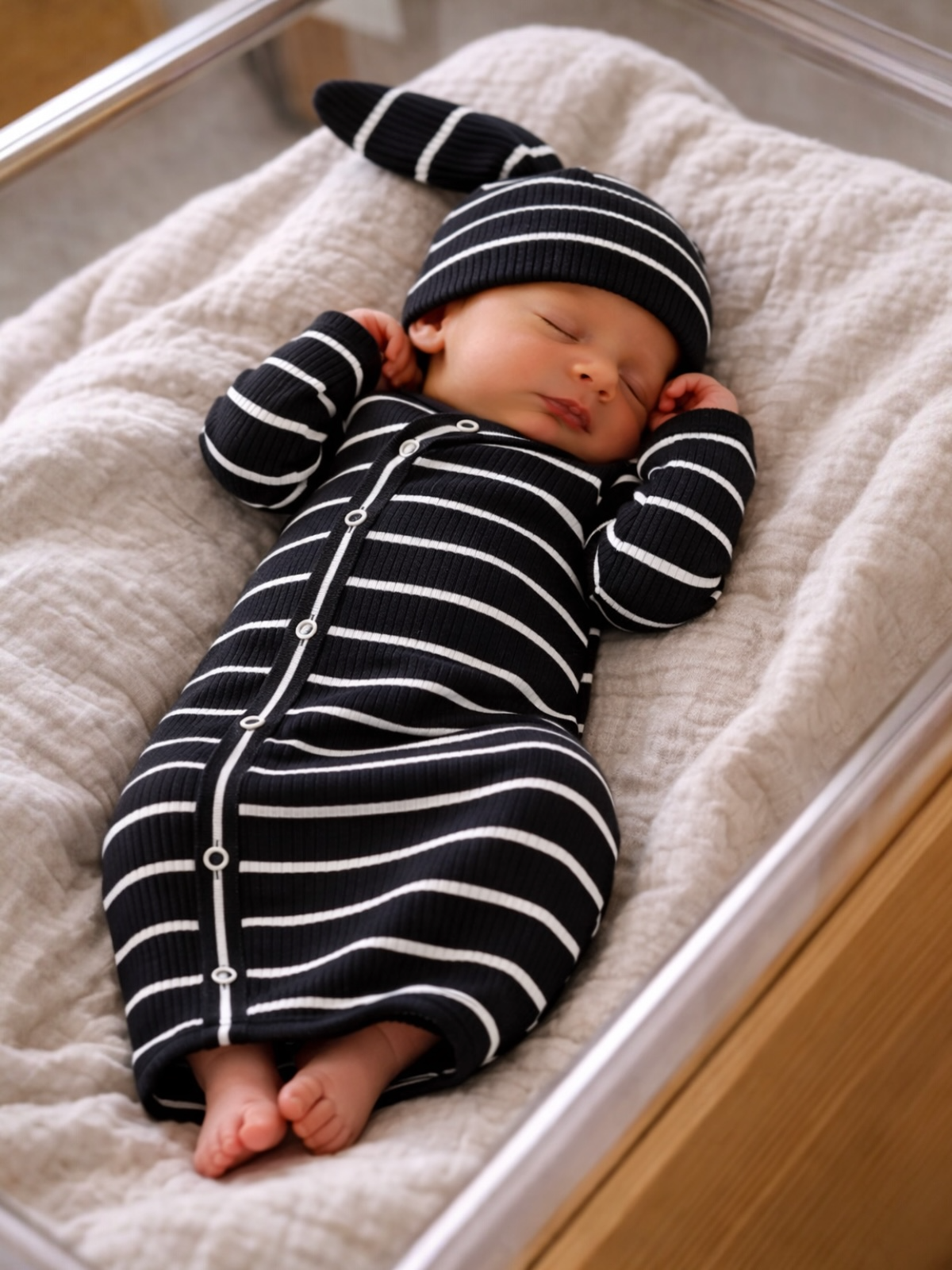 Black/White Stripe / Ribbed Gown: 0-3M