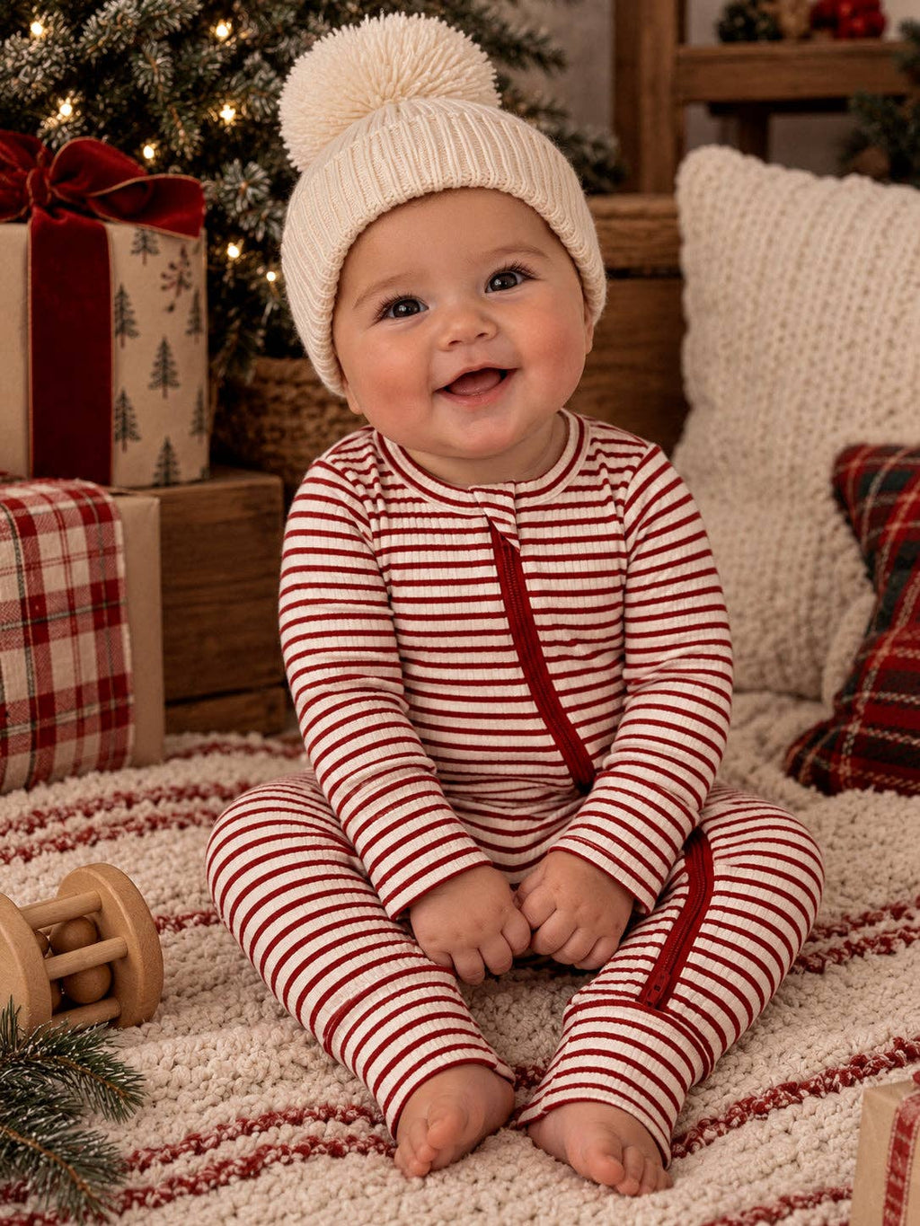 Red Stripe / Ribbed 2-Way Zip Romper: 0 - 3 mo.